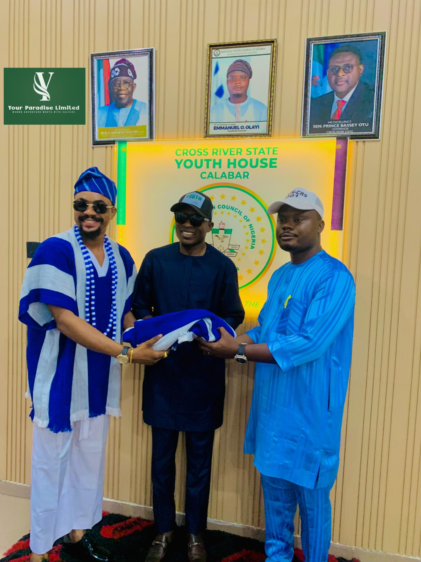 Official campaign photograph: presentation of the Unified Cultural Fabric at the Cross River State Youth House, Calabar