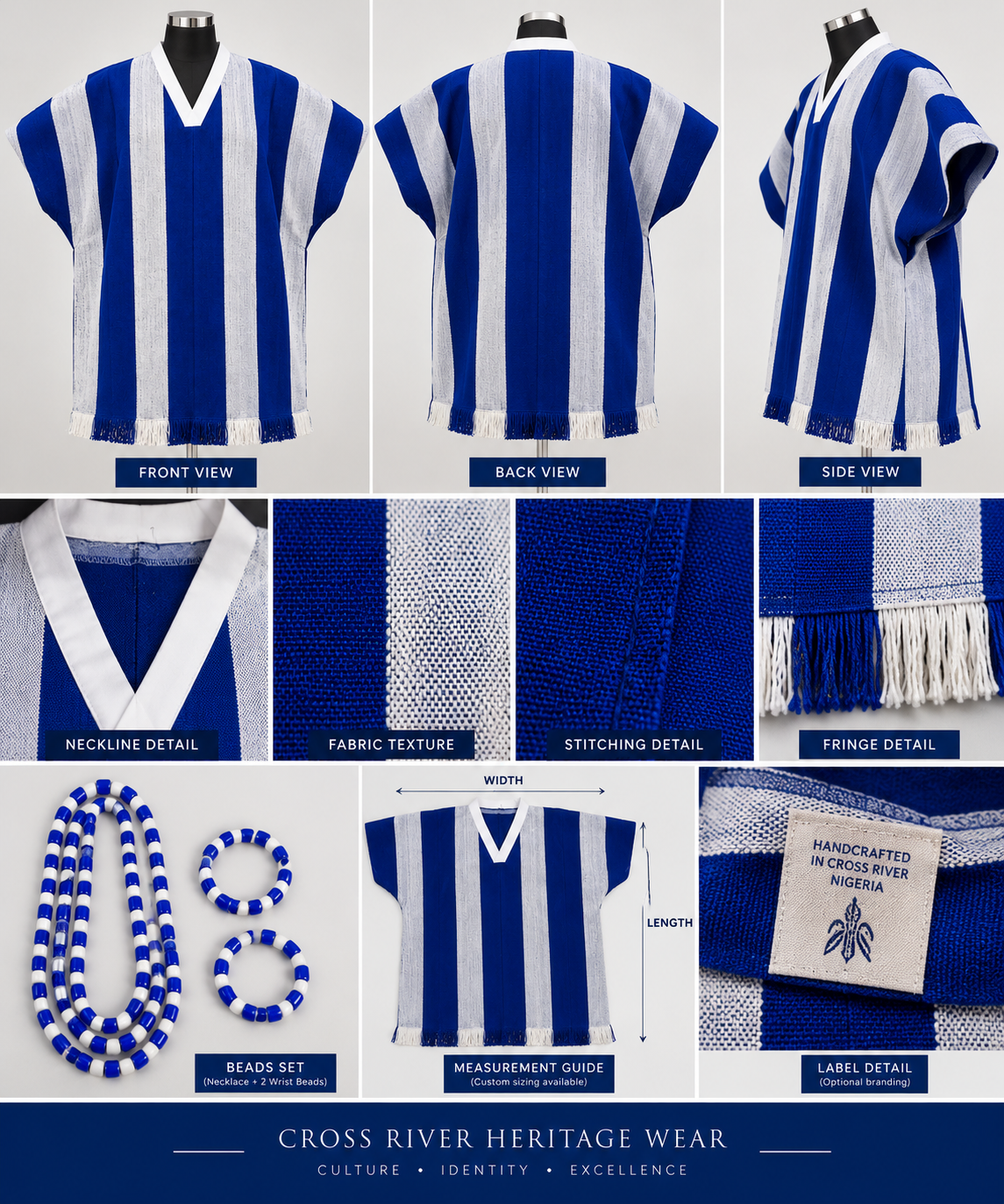 Official stitching and detail photograph of the Unified Cultural Fabric: front, back, side, neckline, fabric texture, stitching, fringe, beads set, measurement guide and label detail