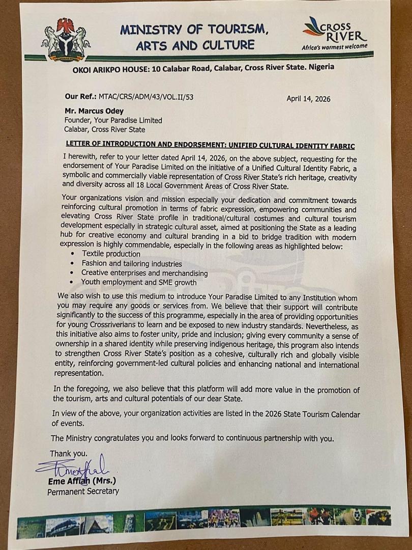 Letter of Introduction and Endorsement: Unified Cultural Identity Fabric — issued by Cross River State Ministry of Tourism, Arts & Culture